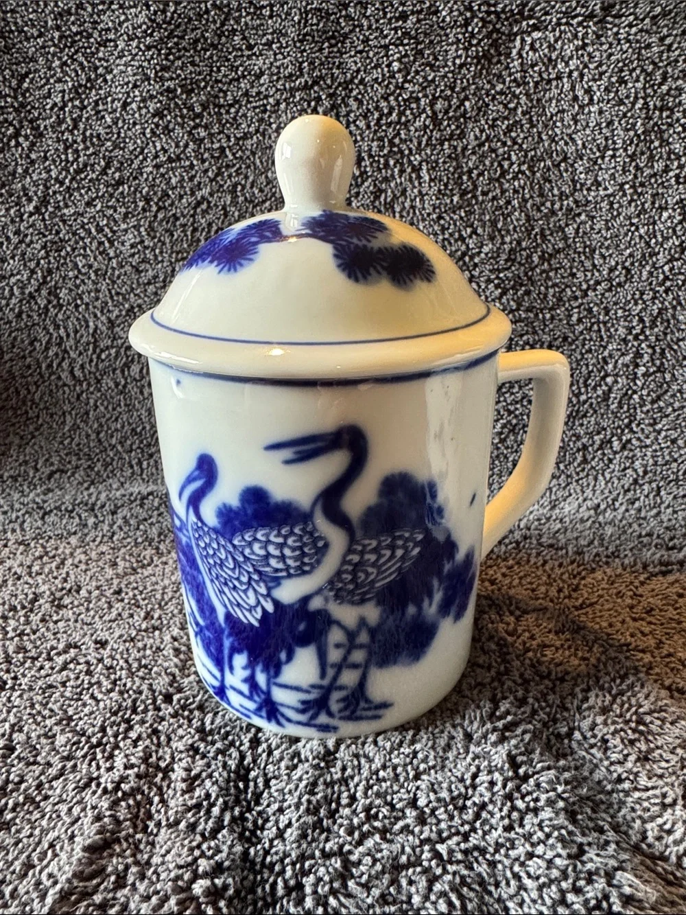Chinese Blue and White Porcelain Lidded Tea Mug Pine and Crane Longevity Motif